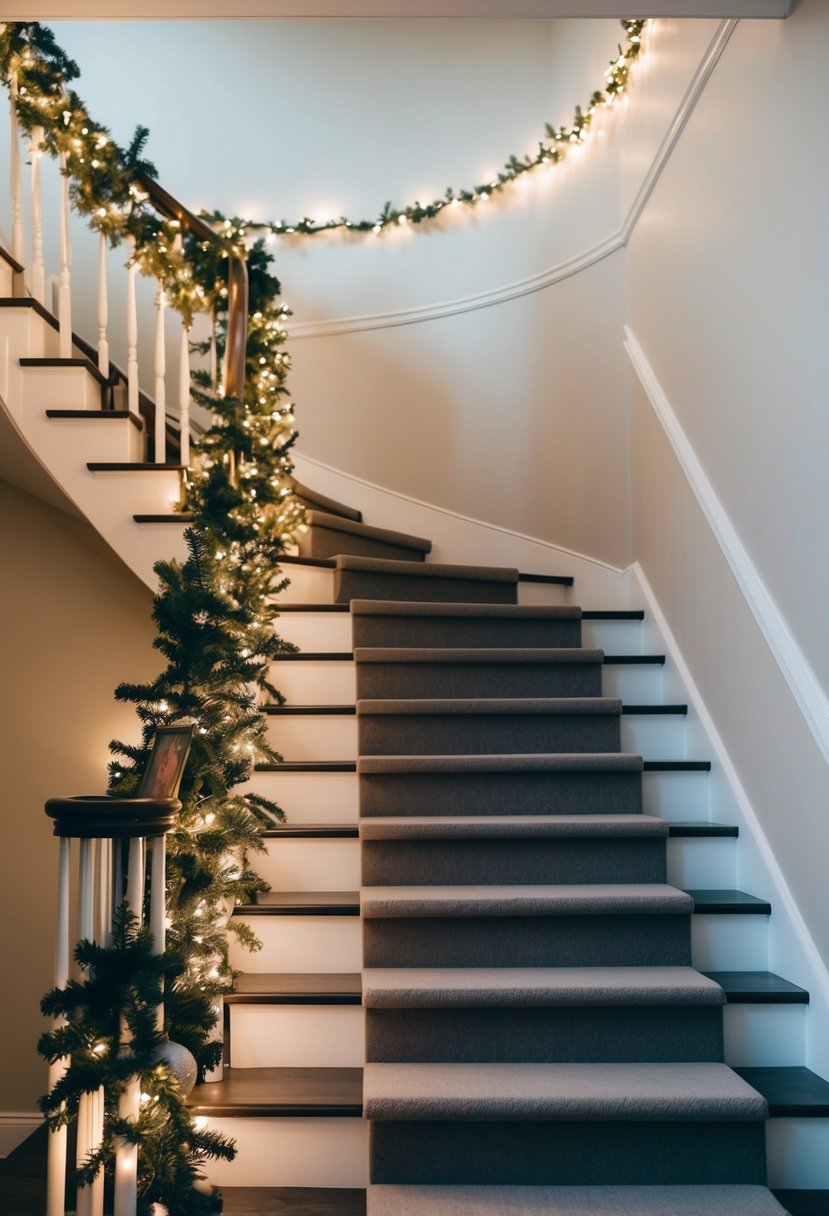 A staircase adorned with neutral-colored Christmas garlands, ornaments, and twinkling lights