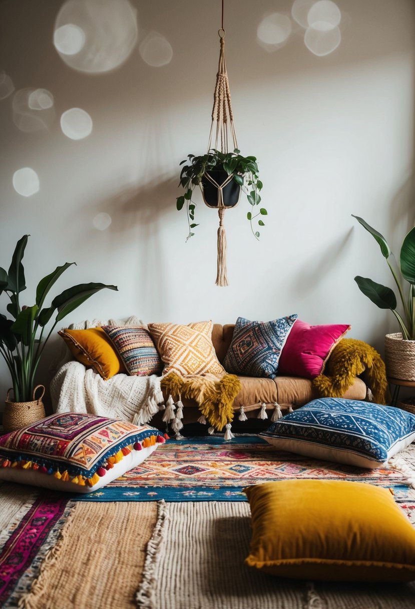 A cozy bohemian living room with layered rugs, low seating, colorful throw pillows, and a mix of patterns and textures. A hanging macrame plant holder adds a boho touch