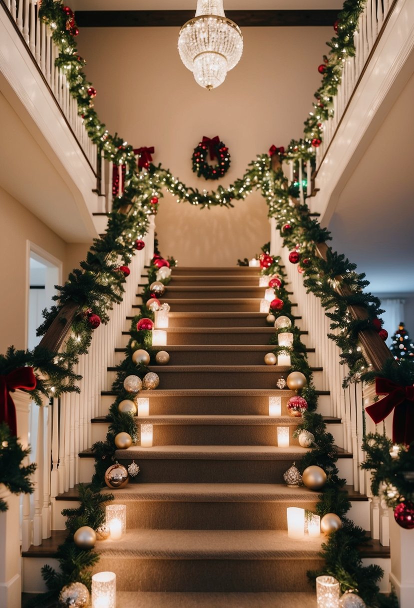 A staircase adorned with twinkling lights, garlands, and ornaments, leading to a festive Christmas wonderland