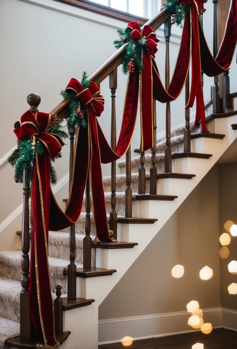 A staircase adorned with lush velvet ribbons in festive Christmas colors, cascading down the banister and wrapped around the spindles