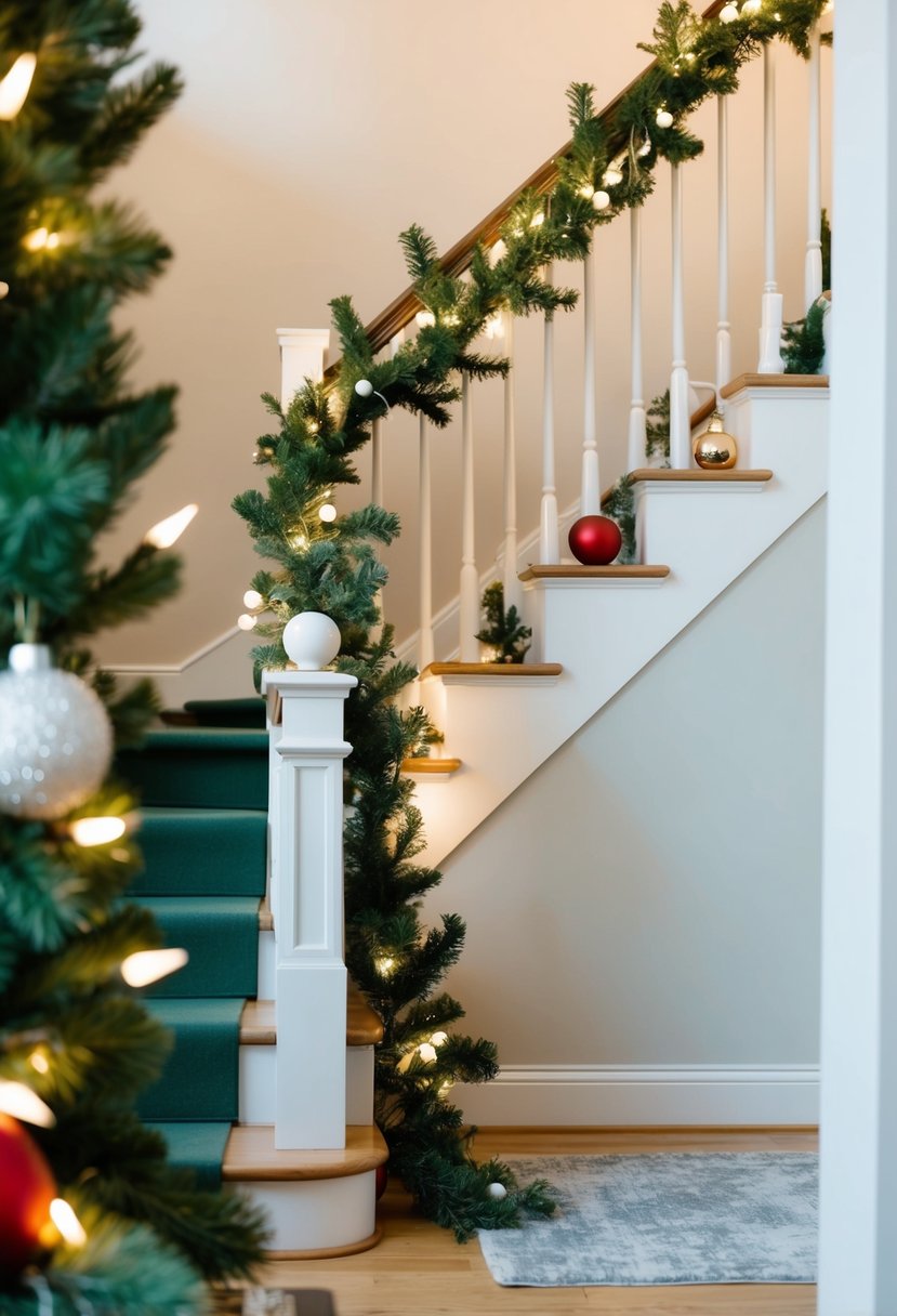 A simple staircase adorned with pine garland, white lights, and a few red and gold ornaments