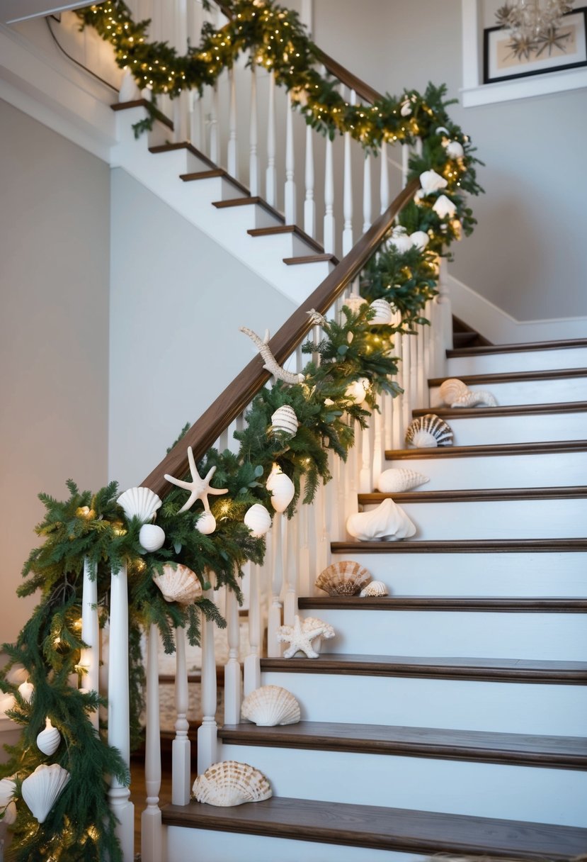 A staircase adorned with coastal-themed garland, seashells, starfish, and twinkling lights