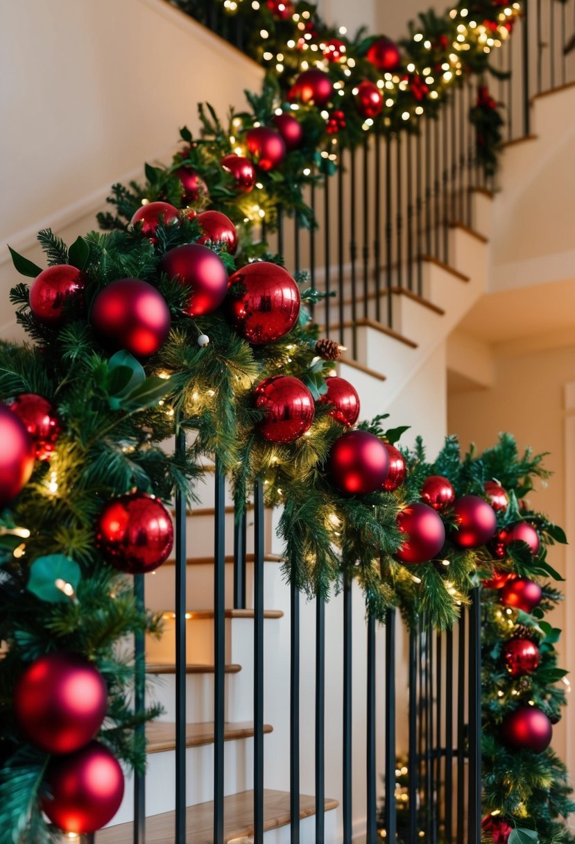 A staircase adorned with a festive red ball garland, intertwined with twinkling lights and greenery, creating a merry Christmas ambiance