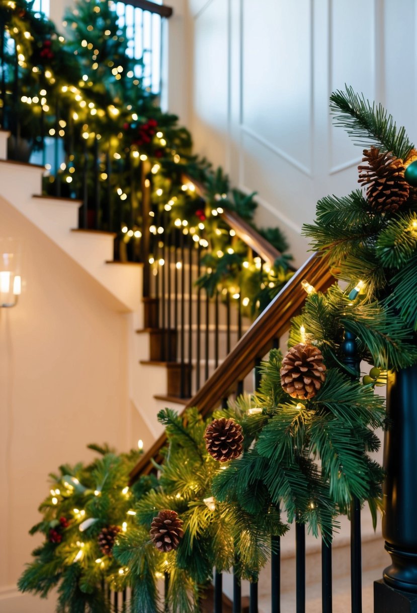 A staircase adorned with pine garlands, twinkling lights, and natural elements like pinecones, berries, and holly