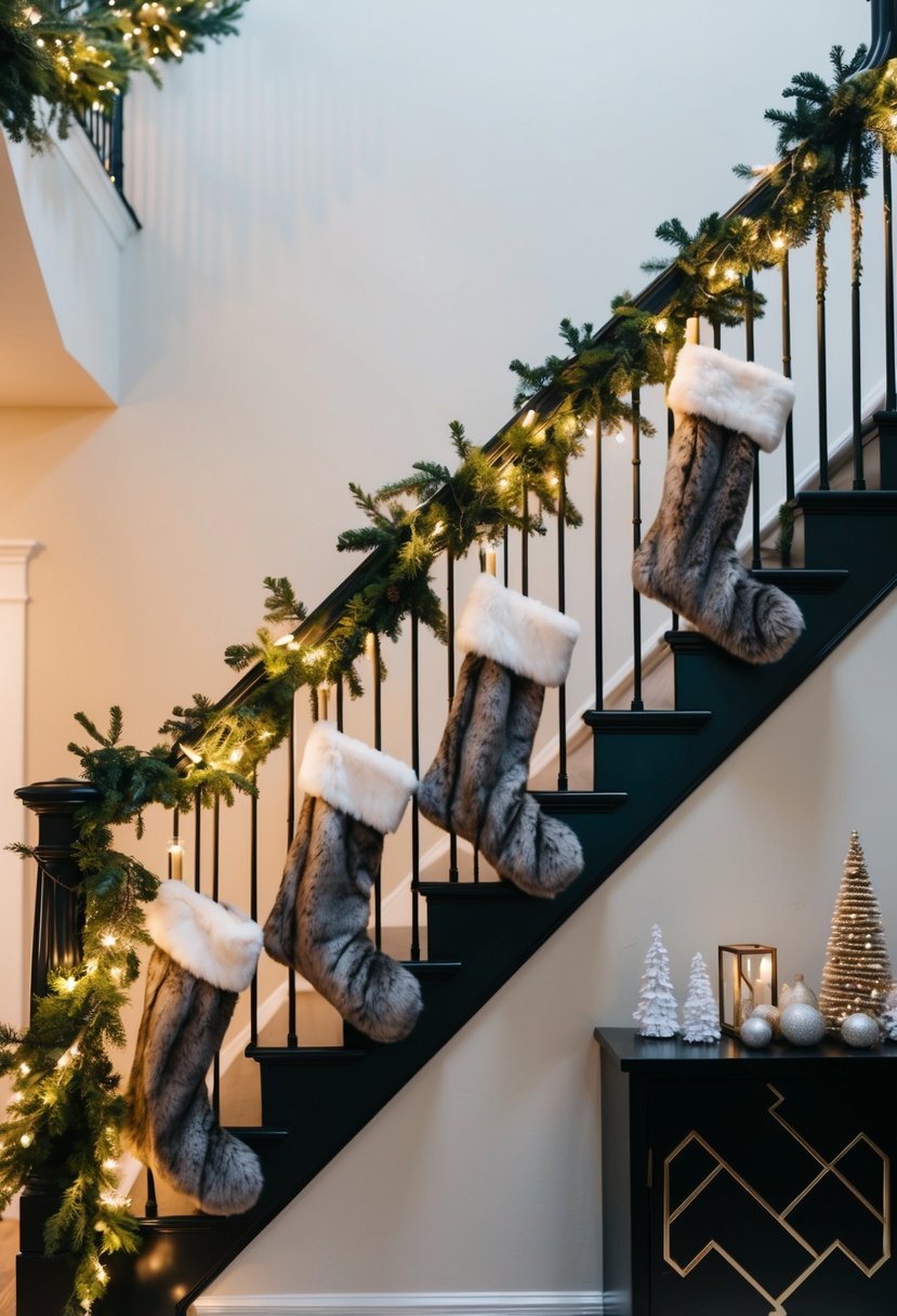 A staircase adorned with faux fur stockings, twinkling lights, and festive greenery