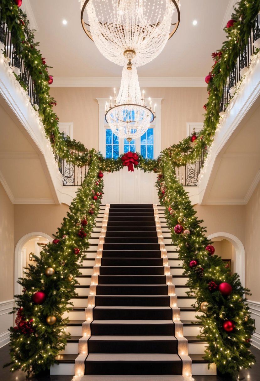 A grand staircase adorned with lush garlands, twinkling lights, and festive ornaments, creating a stunning display of elevated Christmas staircase decor