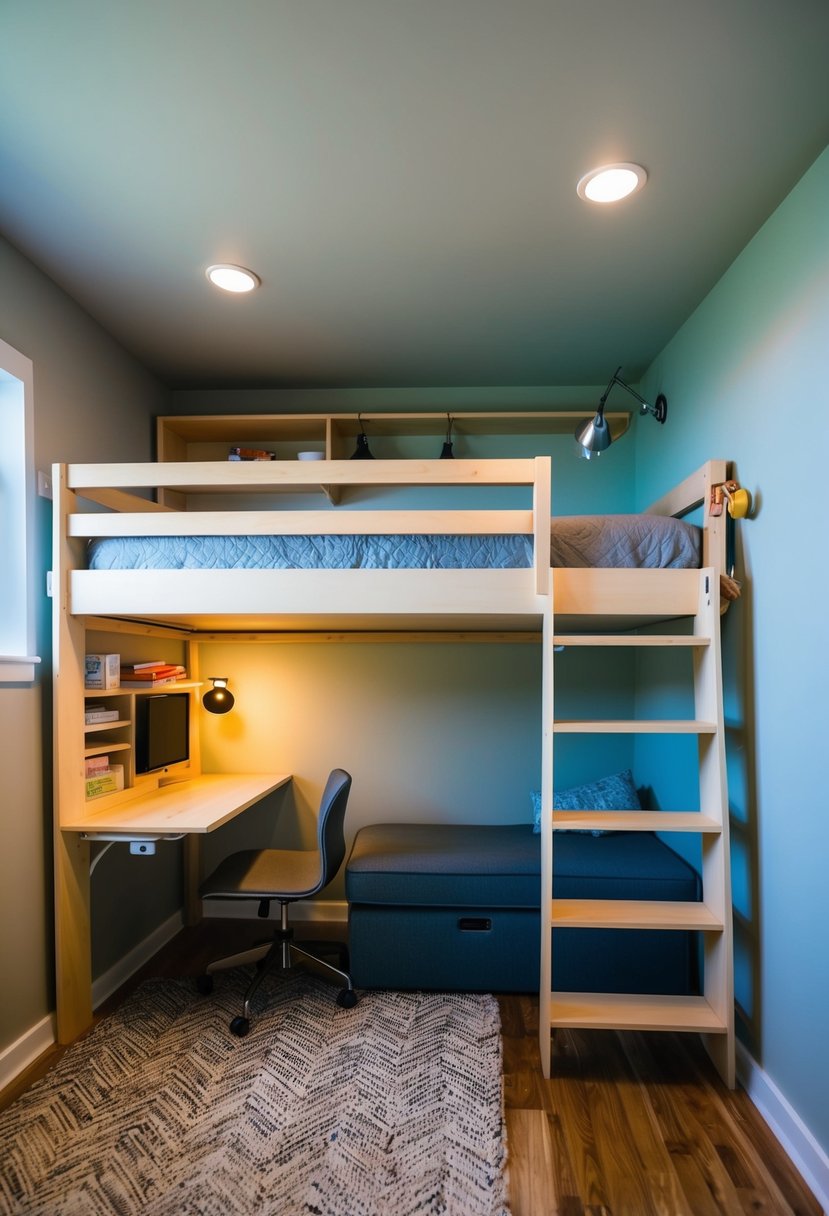 A loft bed with a built-in desk and storage shelves, a wall-mounted fold-down table, and hanging organizers maximize the vertical space in the tiny bedroom