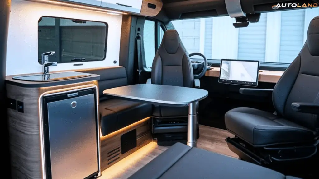 Kitchen and Bedroom of tesla motorhome