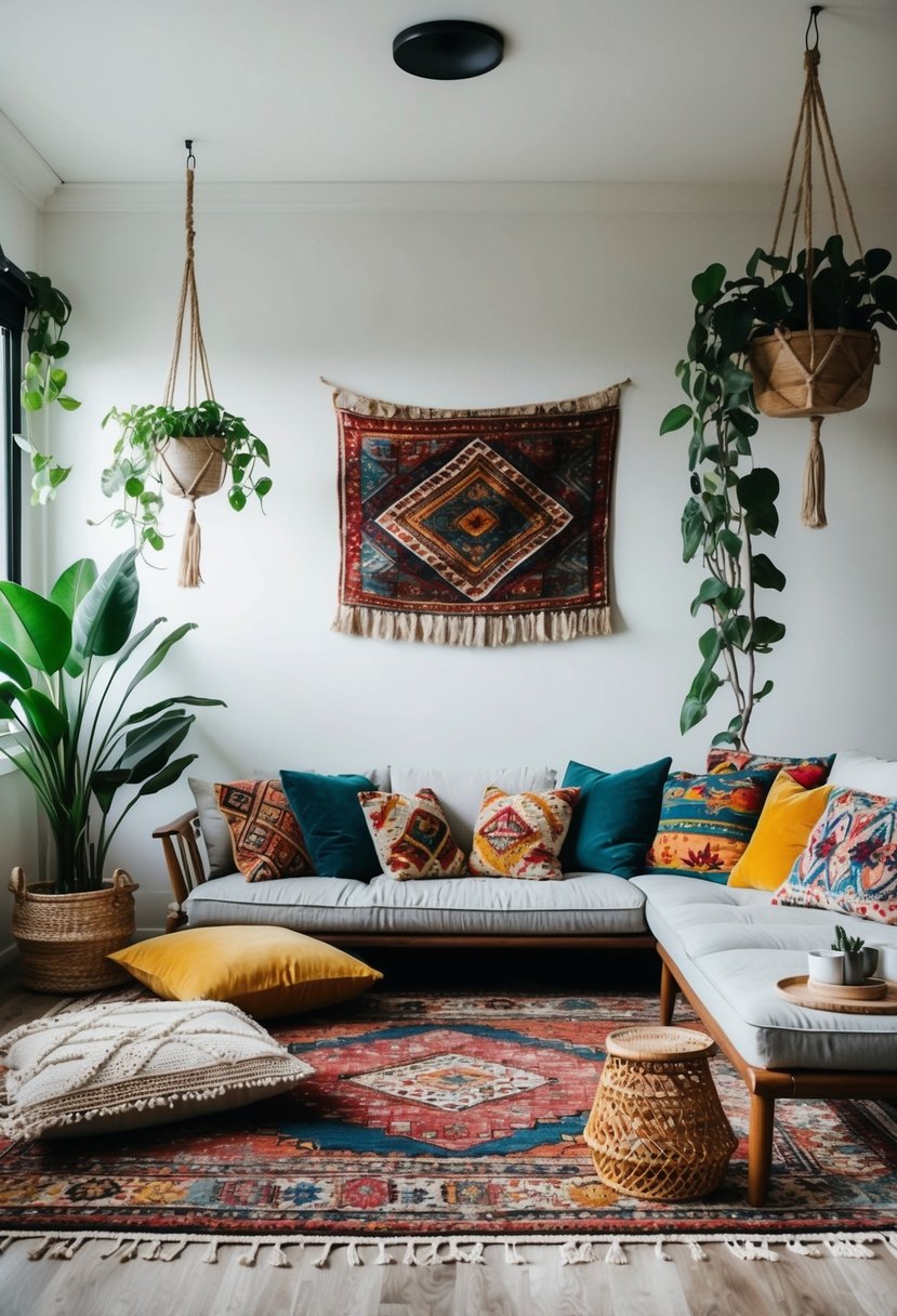 A cozy boho living room with layered rugs, low seating, hanging plants, colorful throw pillows, and eclectic artwork