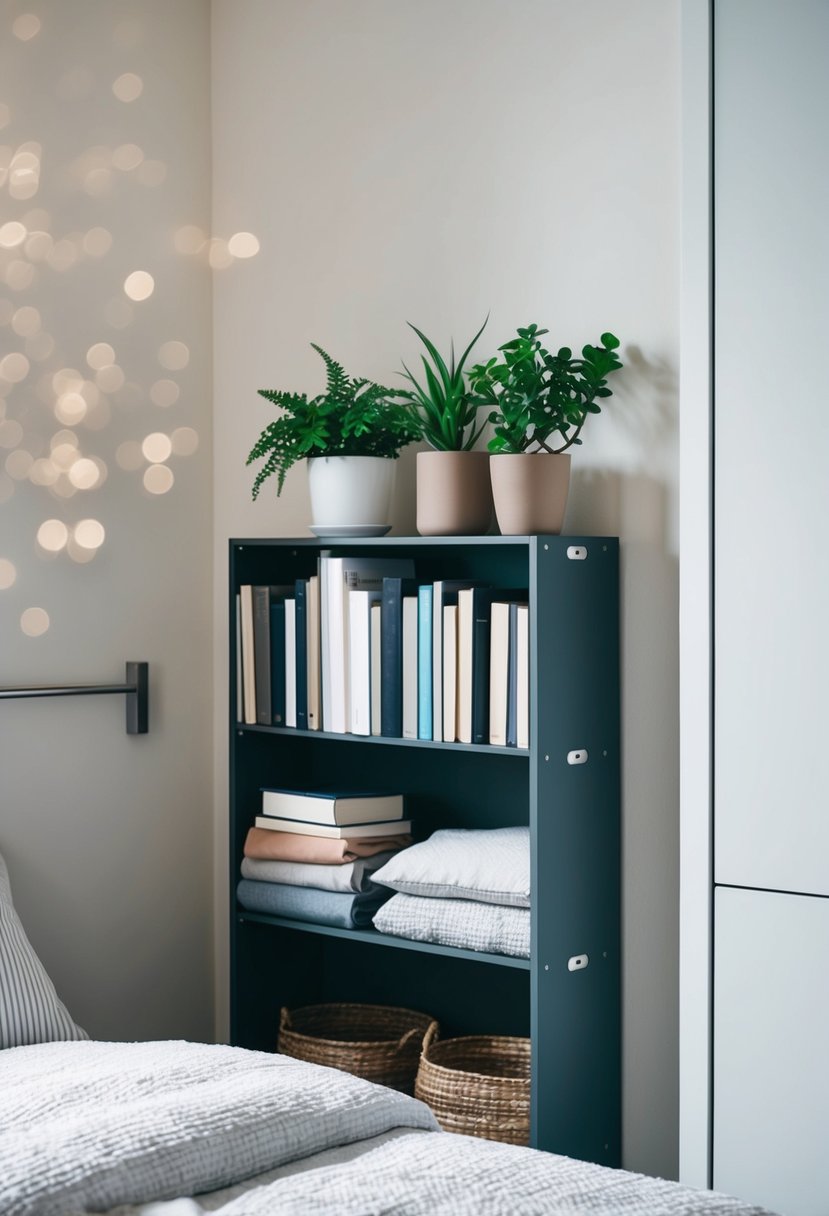 A small bedroom with a wall-mounted storage unit holding books, plants, and folded clothes