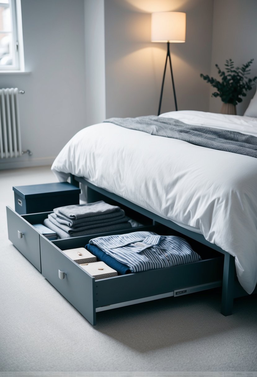 A bed with built-in drawers underneath, holding neatly folded clothes and storage boxes, surrounded by open floor space and minimal clutter