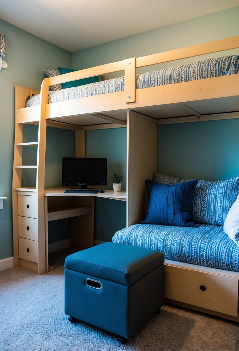 A small bedroom with a loft bed, built-in drawers, and a fold-out desk. A storage ottoman doubles as a seat and storage for bedding