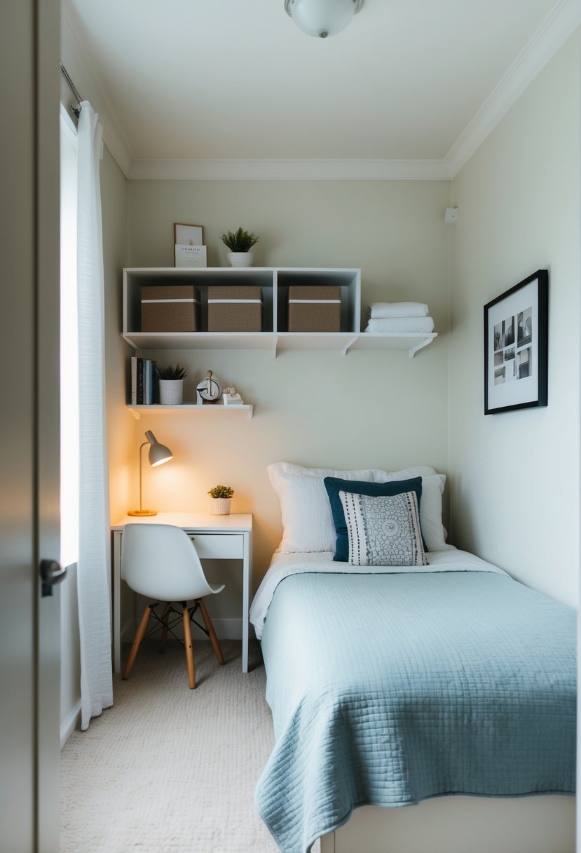 A small bedroom with light-colored walls, a neatly made bed, and organized shelves and drawers. A small desk with a lamp and a few decorative items