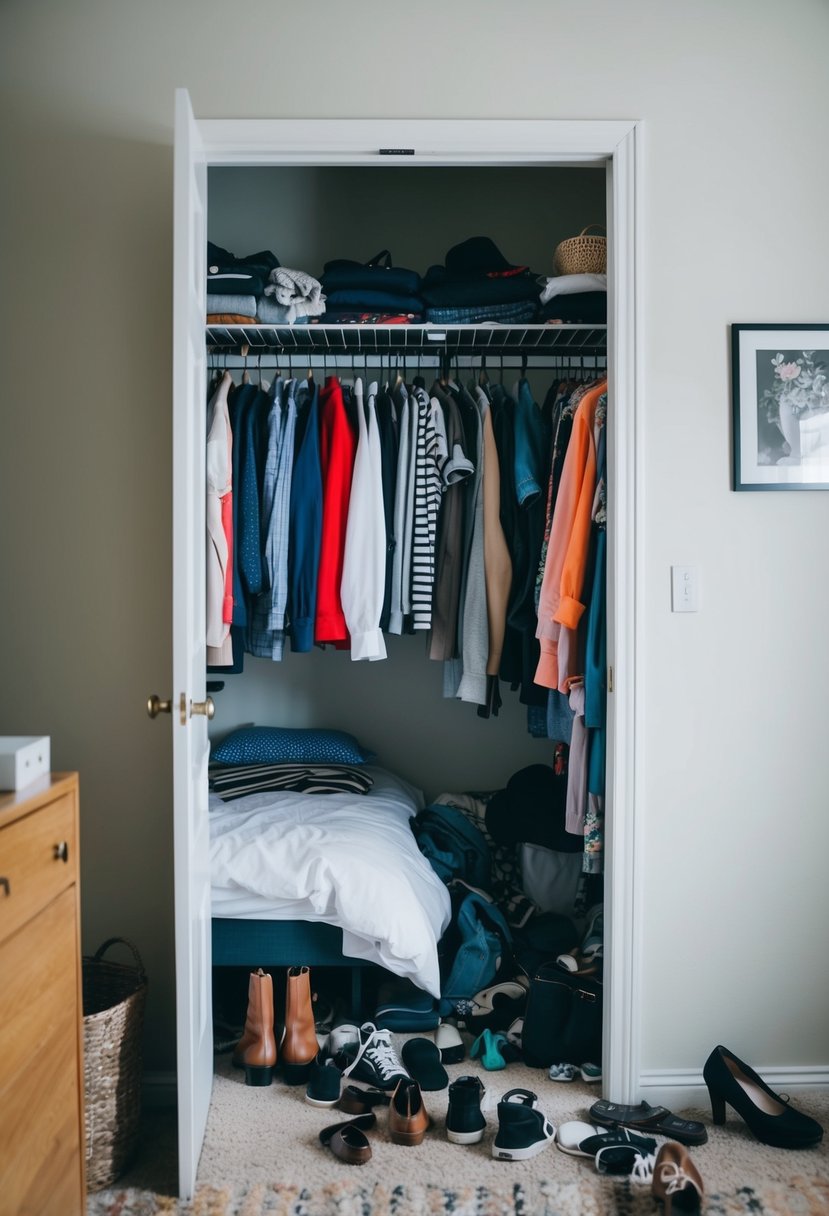 A small bedroom with a cluttered closet. Clothes are spilling out, with shoes and accessories scattered on the floor. The bed is pushed against one wall, leaving little space to move around