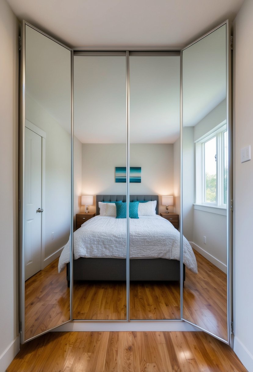 A small bedroom with mirrors on the closet doors, reflecting natural light and making the space appear larger and more open