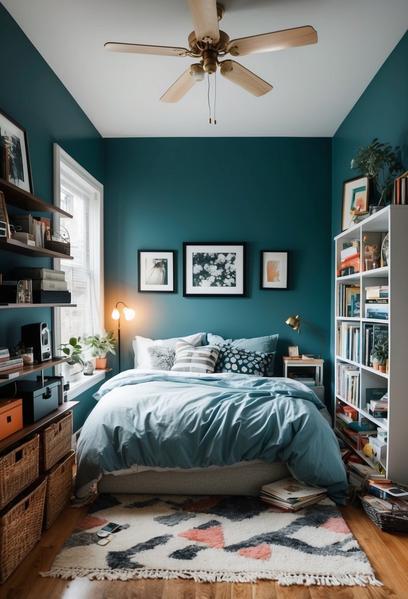 A cluttered tiny bedroom transformed into an organized and tidy space