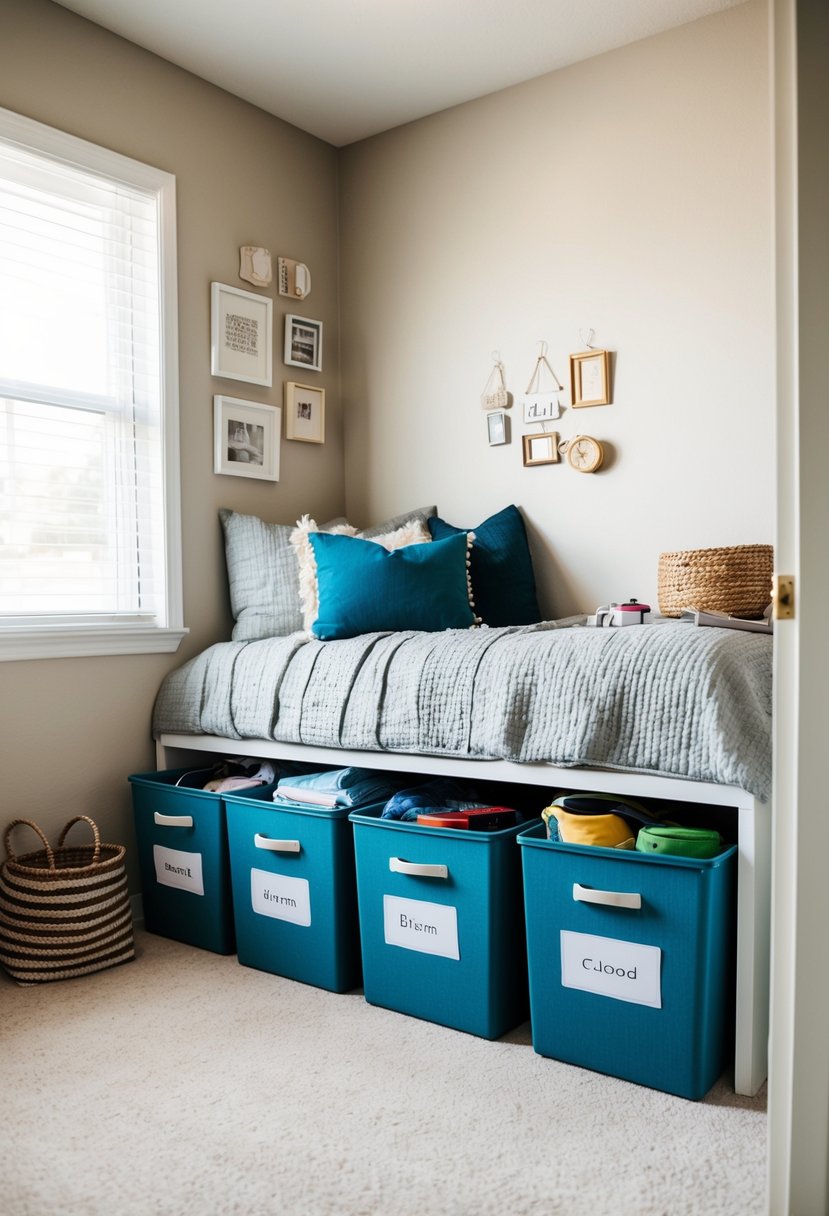 A small bedroom with cluttered items neatly organized into labeled storage bins