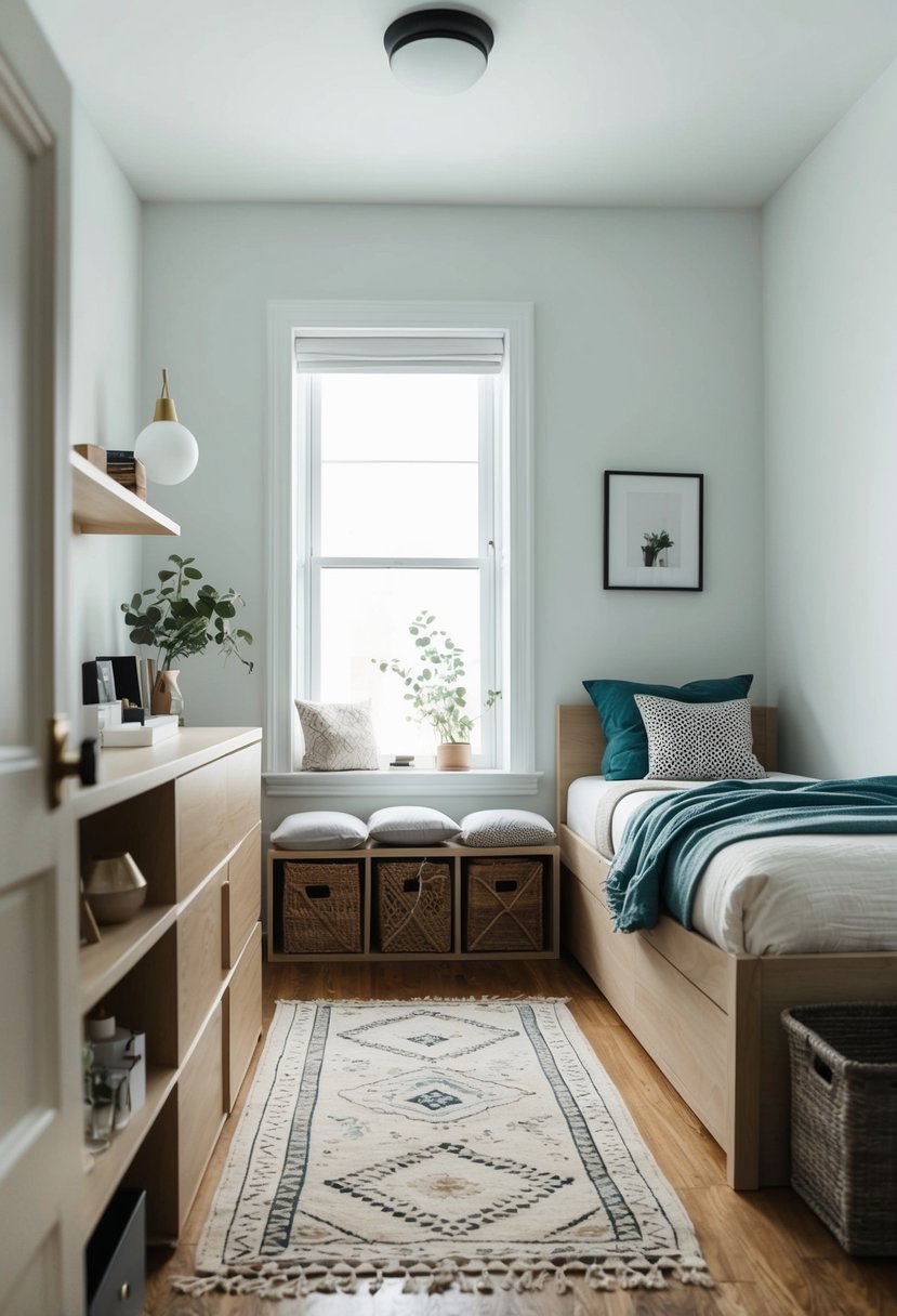 A small bedroom with neatly organized furniture and minimal decor. Items are neatly stored, creating a sense of space and tranquility