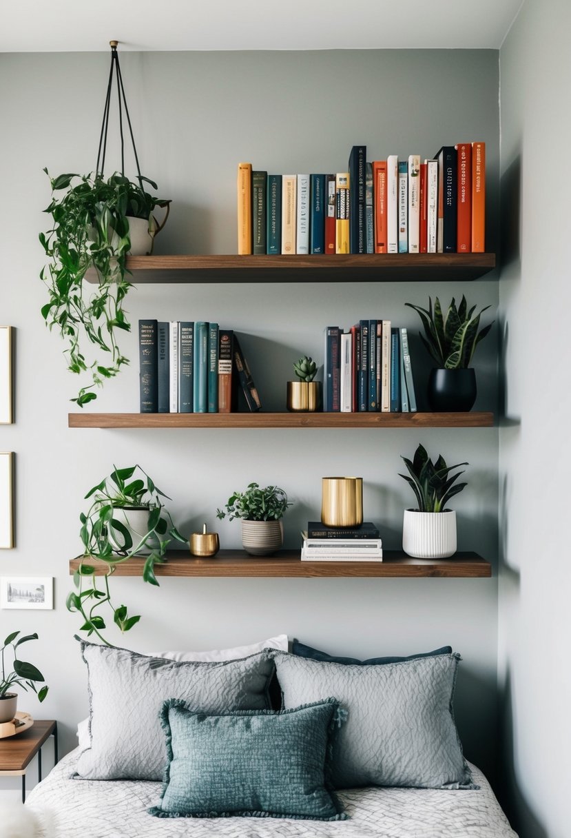 Floating shelves mounted on a wall in a small bedroom, holding books, plants, and decorative items in an organized manner