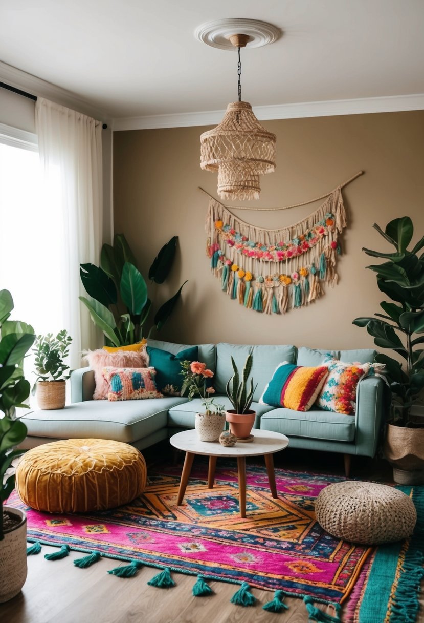 A cozy boho living room with colorful rugs, low seating, plants, and eclectic decor