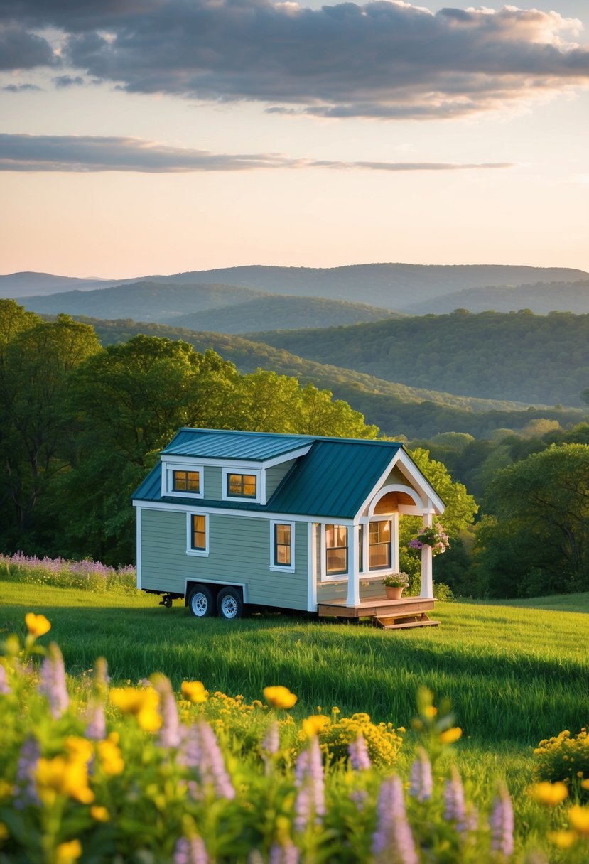 A cozy tiny home nestled in the rolling hills of Virginia, surrounded by lush greenery and blooming wildflowers