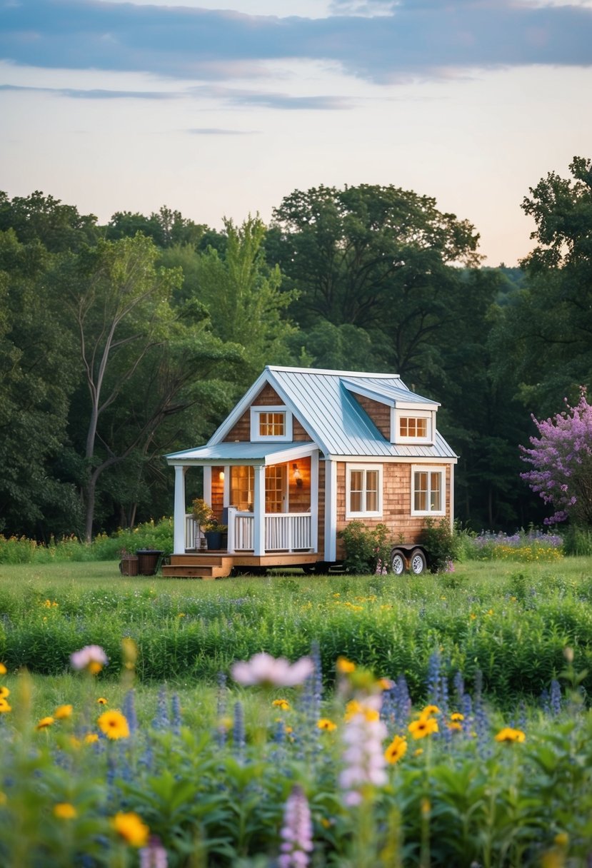 A cozy tiny house nestled in the Virginia countryside, surrounded by lush greenery and blooming wildflowers