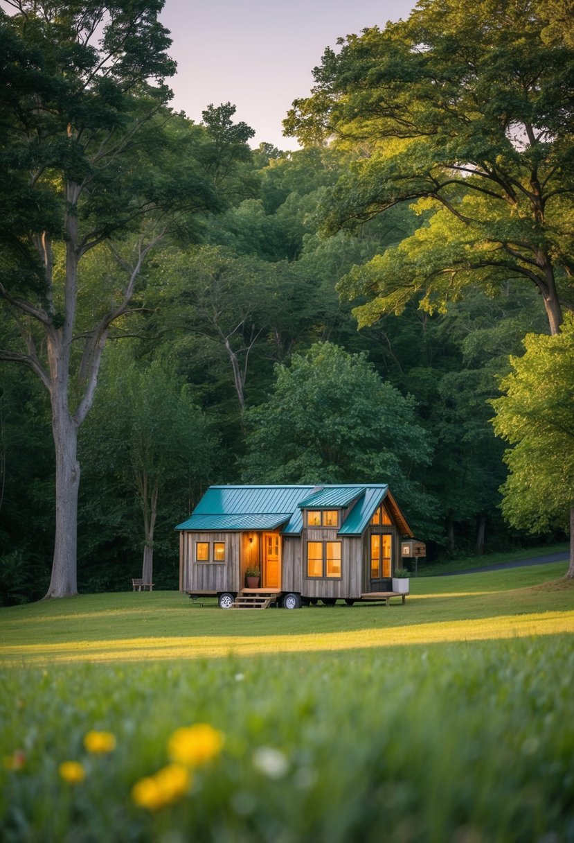 A cozy, rustic tiny house nestled in the lush greenery of Virginia's countryside, surrounded by towering trees and a serene, peaceful atmosphere