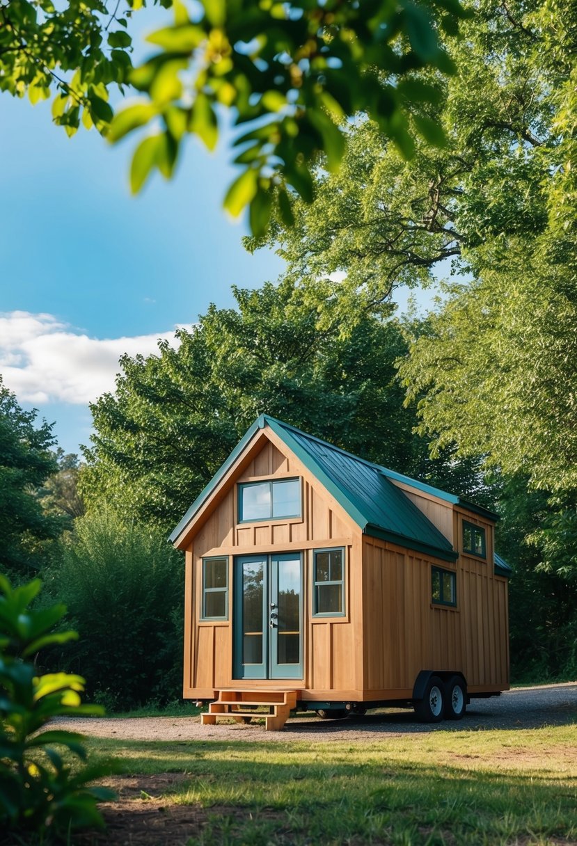 A cozy tiny house nestled in a wooded area, surrounded by lush greenery and a clear blue sky in the background