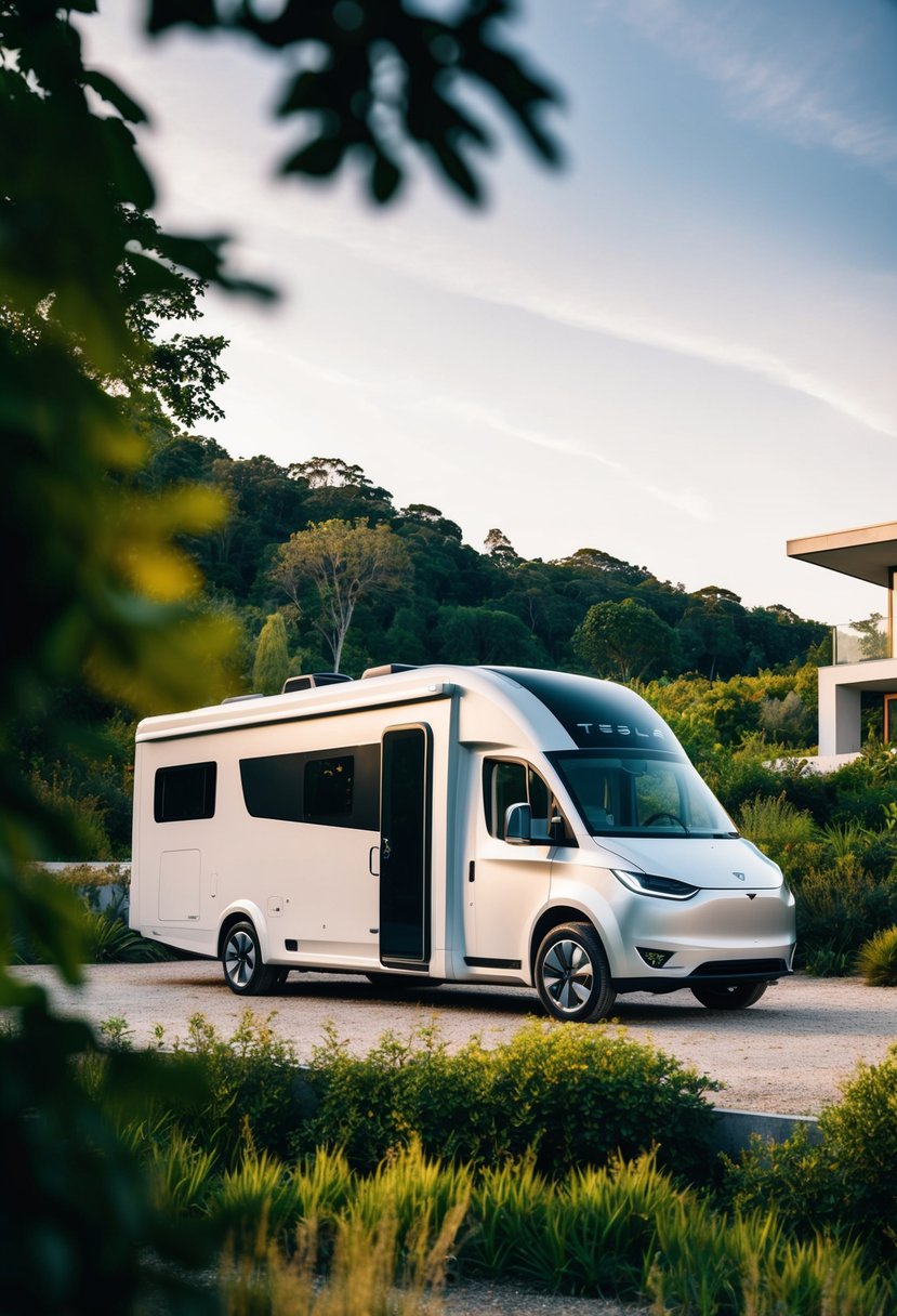 A sleek Tesla motor home parked in a scenic natural setting, surrounded by lush greenery and modern architecture, with a focus on its luxurious, innovative, and sustainable design