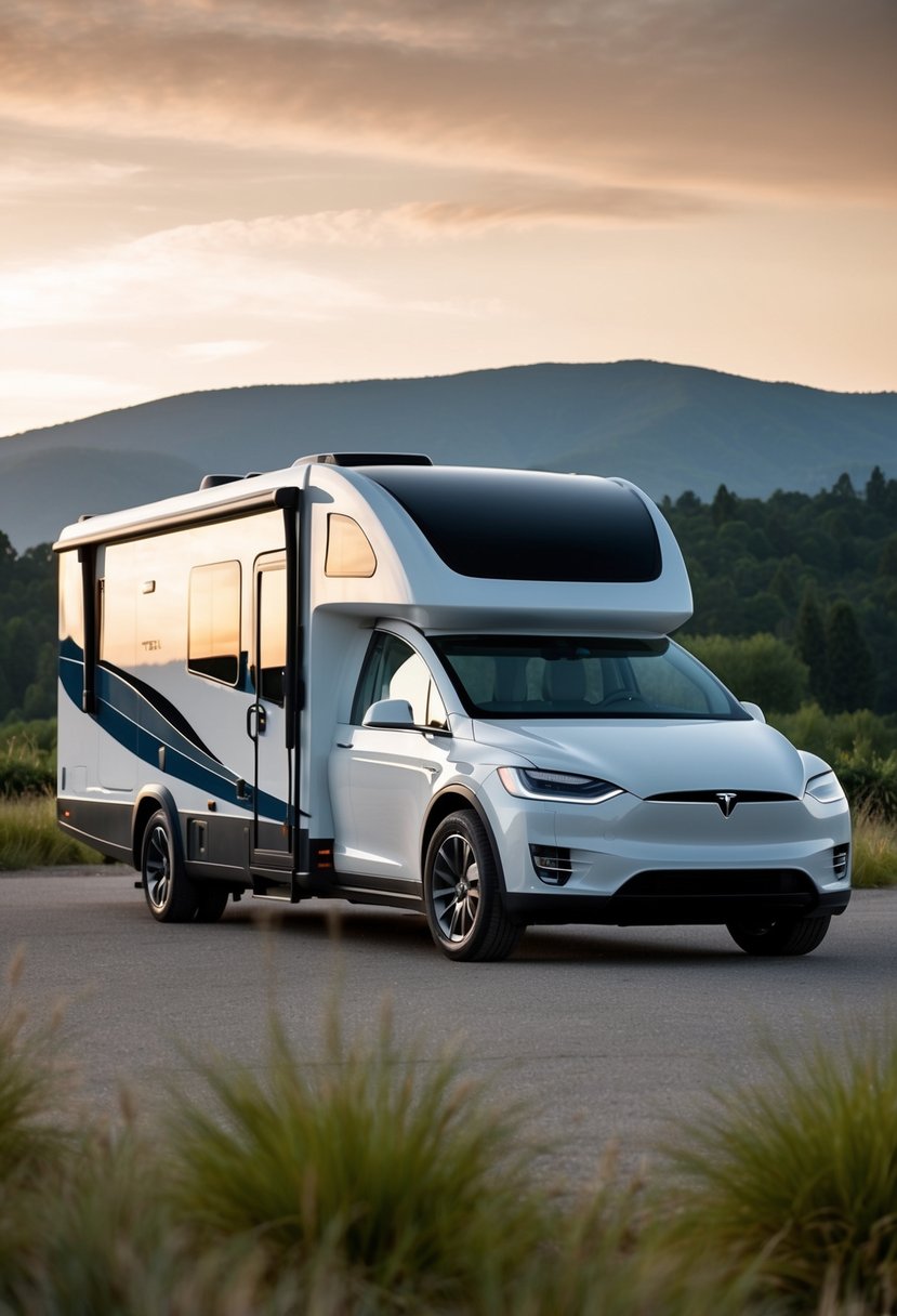 A sleek and modern Tesla Motor Home parked in a scenic, eco-friendly setting, showcasing its innovative features and luxurious design