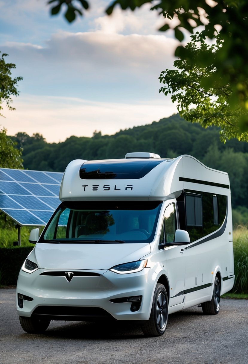 A sleek, modern Tesla motor home parked in a scenic, eco-friendly setting with solar panels and lush greenery