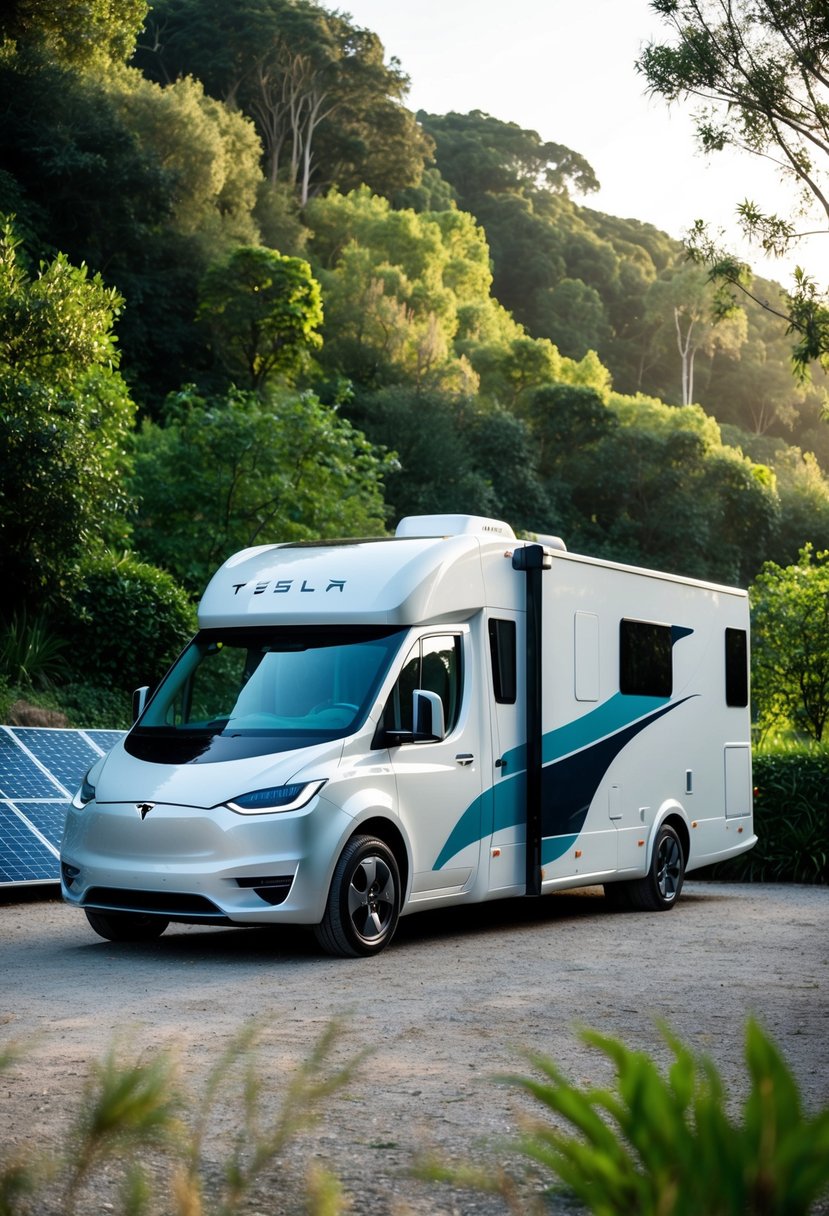 A sleek, modern Tesla motor home parked in a scenic, eco-friendly setting, surrounded by lush greenery and solar panels, exuding luxury and sustainability