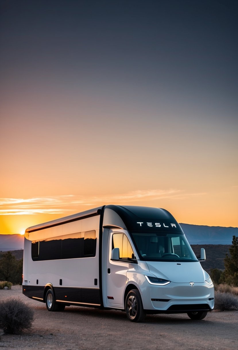 The Tesla Semi is parked in a scenic campground, with its sleek, futuristic design standing out against the natural surroundings. The sun sets behind it, casting a warm glow on the electric motorhome