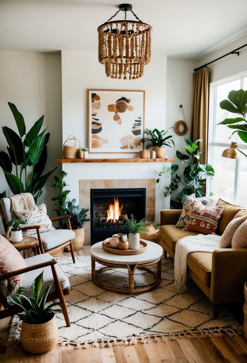 A cozy boho living room with a fireplace, featuring eclectic decor, natural materials, and plenty of plants for a relaxed and earthy atmosphere