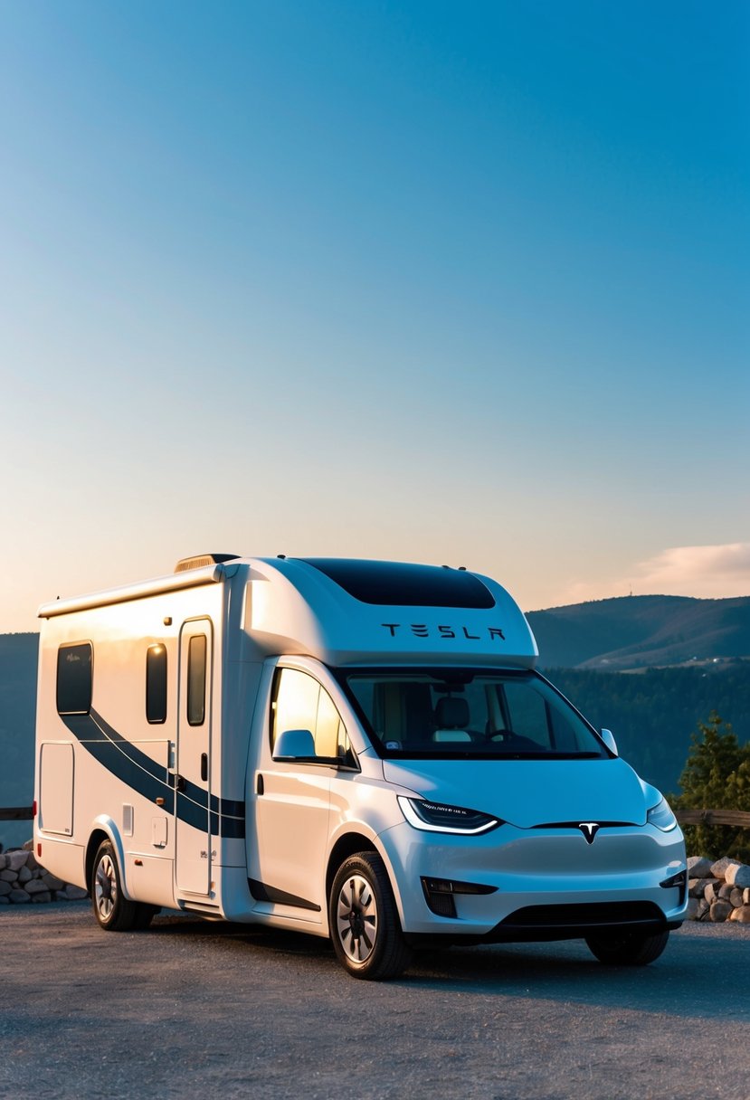 A Tesla semi electric motorhome parked at a scenic overlook, with a clear blue sky and rolling hills in the background