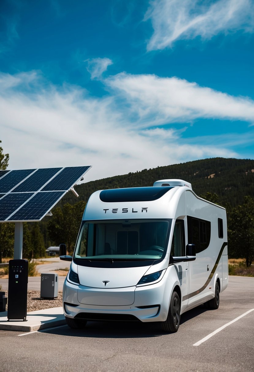 A sleek, futuristic Tesla semi electric motorhome parked in a scenic campground, with solar panels on the roof and a charging station nearby