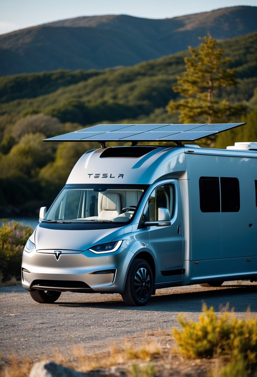 A sleek Tesla Semi motorhome parked in a scenic natural setting, with solar panels on the roof and a modern, luxurious interior