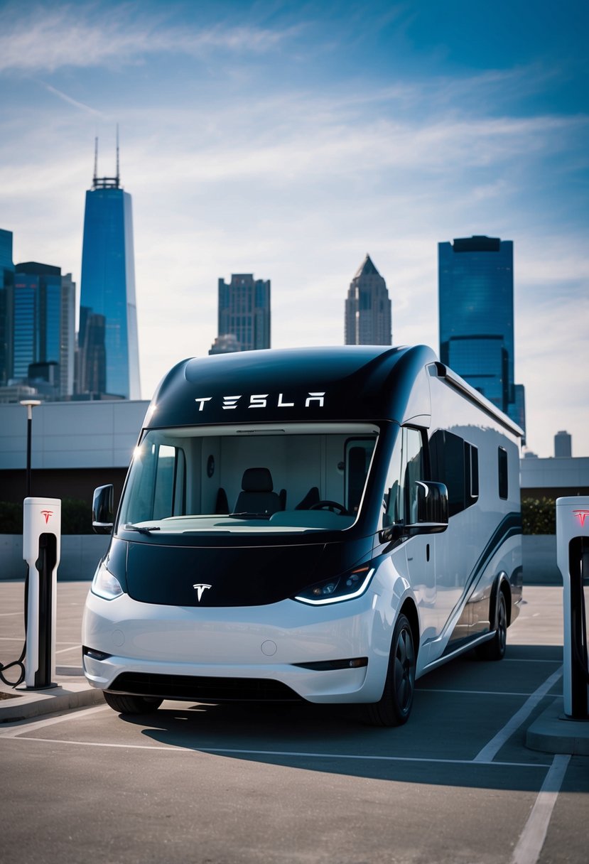 A sleek and futuristic Tesla semi electric motorhome parked in a modern urban setting, with charging stations and city skyline in the background