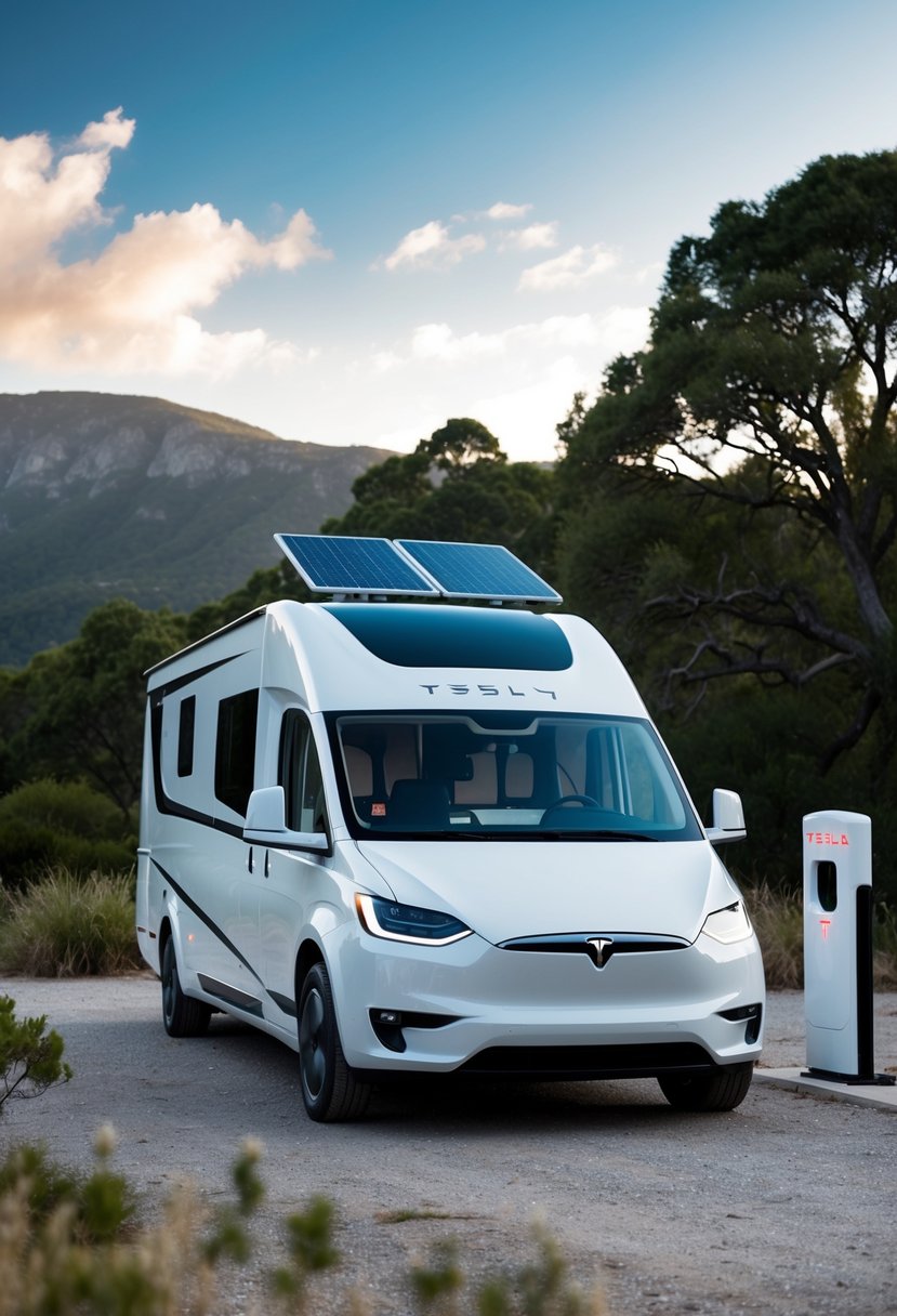 A sleek and futuristic Tesla semi electric motorhome parked in a scenic natural setting, with solar panels on the roof and a charging station nearby