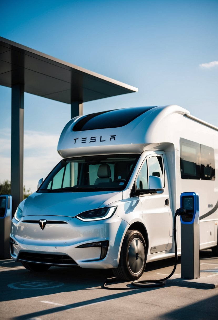 A sleek Tesla semi electric motorhome parked at a charging station, surrounded by futuristic technology and innovation