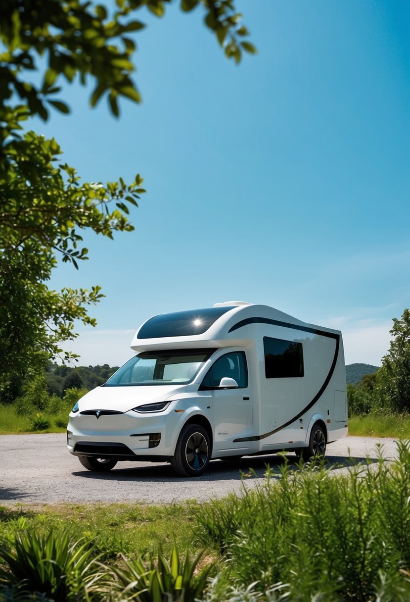 A sleek, modern Tesla semi electric motorhome parked in a serene, natural setting with lush greenery and a clear blue sky