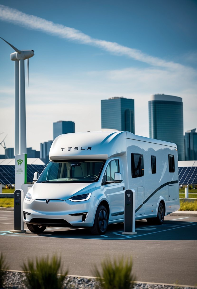 A sleek Tesla Semi electric motorhome parked at a charging station, surrounded by futuristic cityscape and renewable energy sources