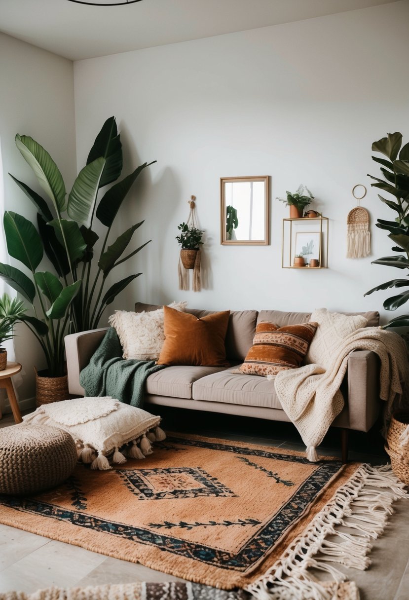 A cozy Boho living room with layered rugs, low seating, earthy tones, and plenty of plants