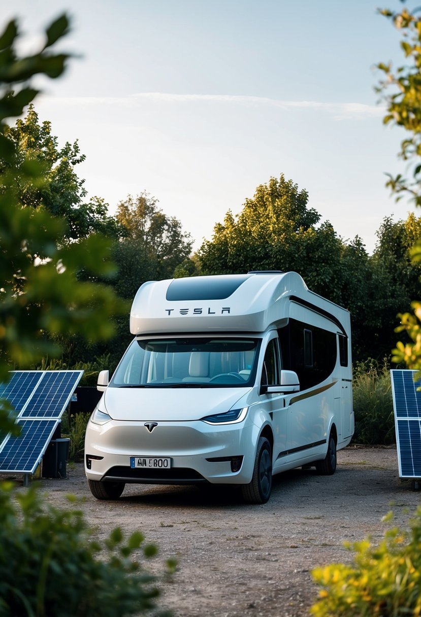 A sleek Tesla semi electric motorhome parked at a sustainable campsite, surrounded by solar panels and lush greenery