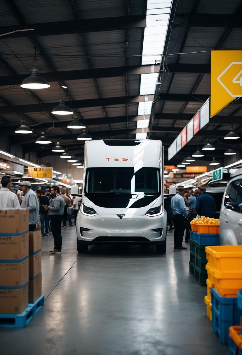 A bustling market with a Tesla semi electric motorhome drawing attention with its sleek design and futuristic features