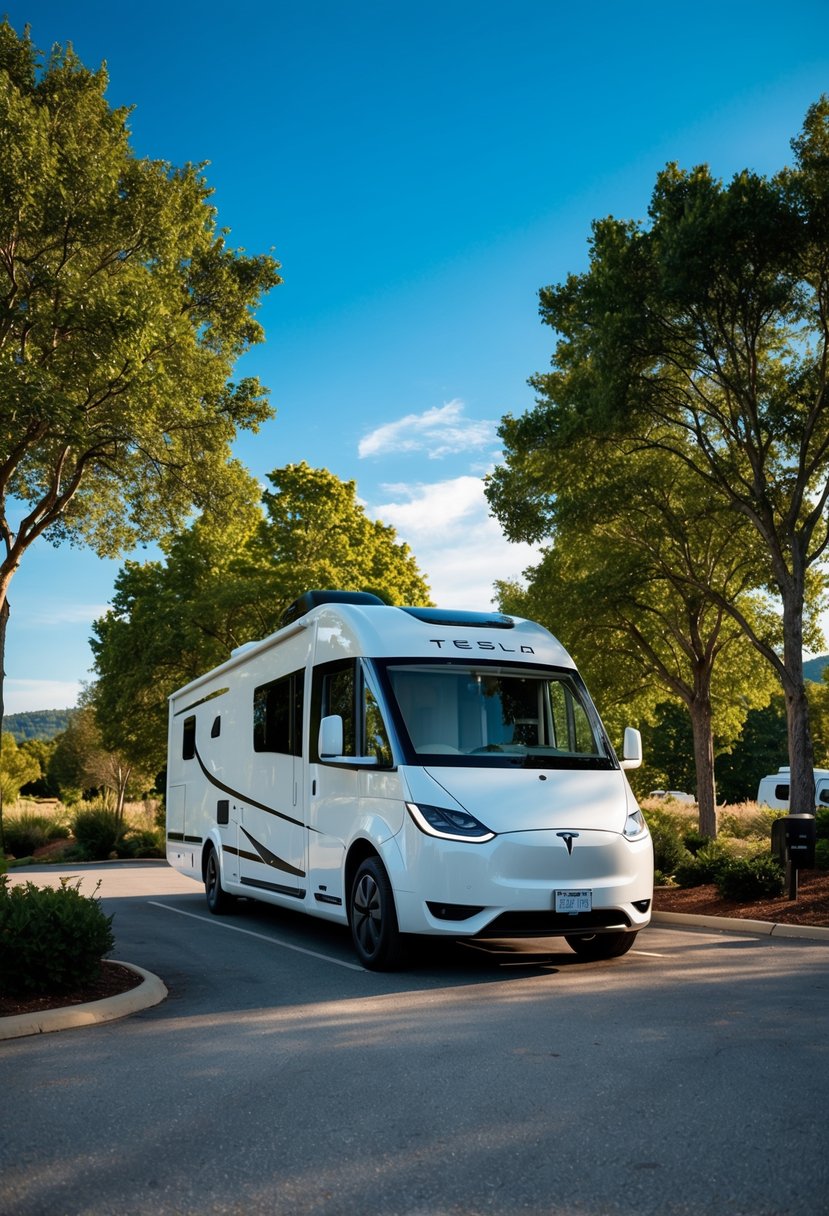 A sleek Tesla semi electric motorhome parked in a scenic campground surrounded by lush trees and a clear blue sky