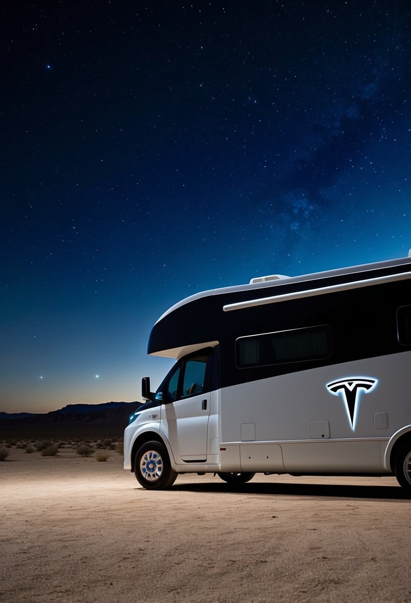 A sleek, futuristic motorhome sits on a desert landscape under a starry night sky, with the iconic Tesla logo emblazoned on the side