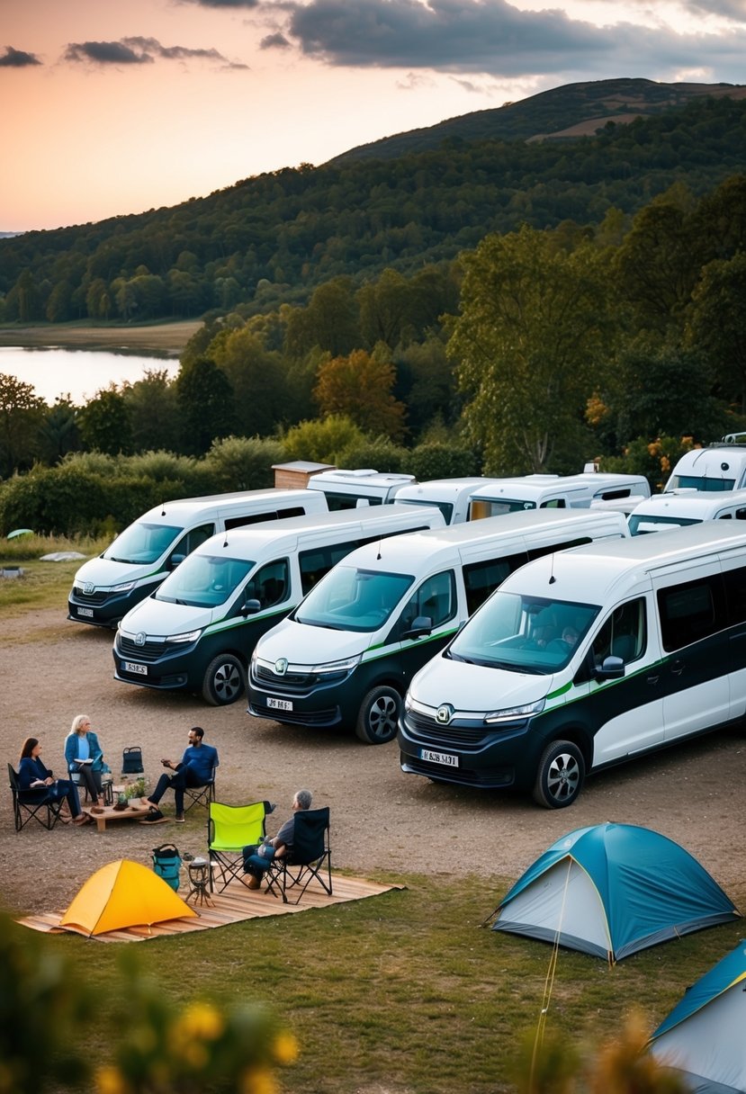 A group of electric vans parked in a scenic camping spot, with people enjoying outdoor activities nearby