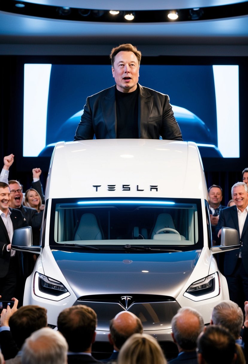 Elon Musk unveils sleek, futuristic Tesla motorhome at a press event, surrounded by excited onlookers and media