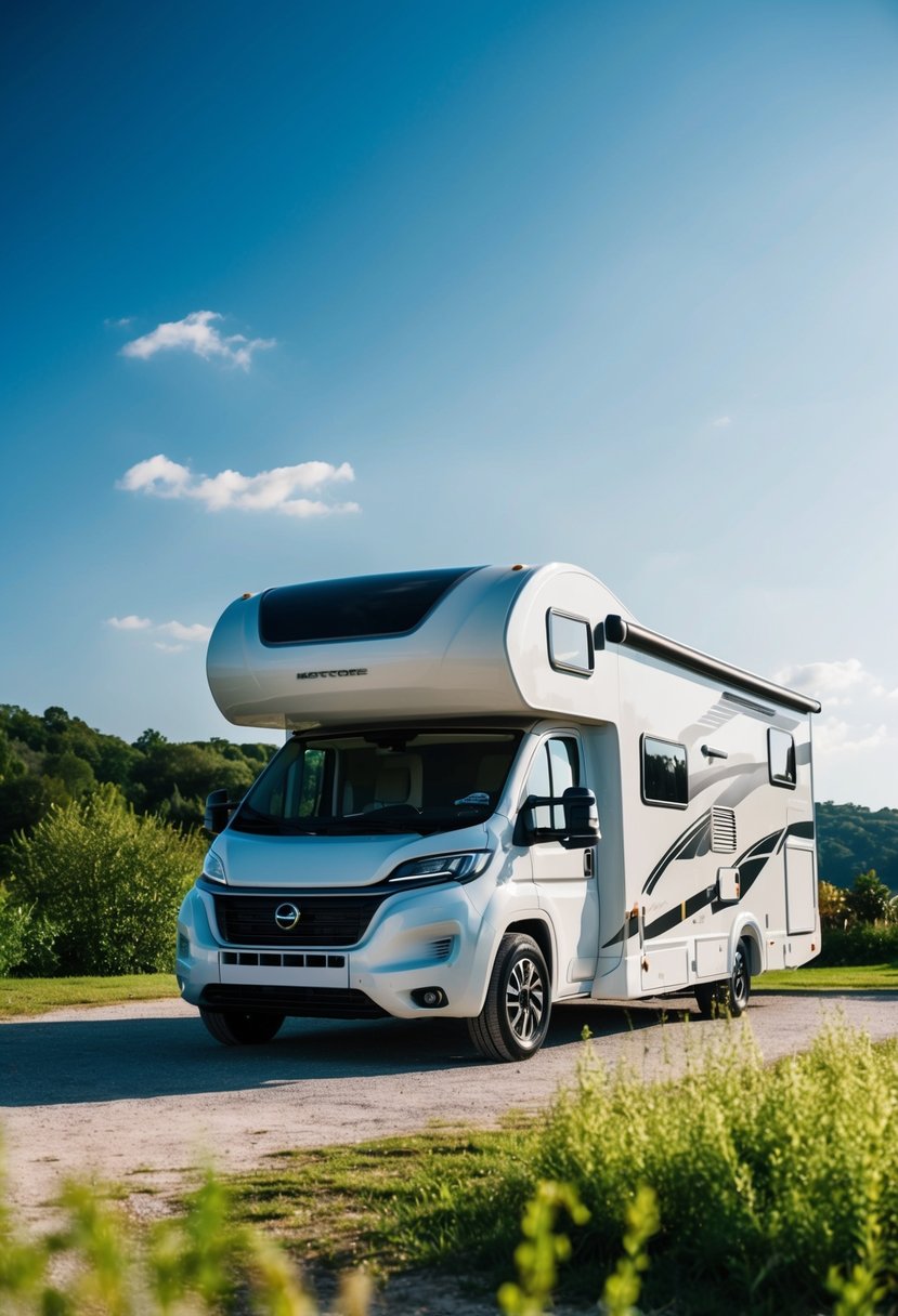 A sleek, futuristic motorhome parked in a scenic campground, surrounded by lush greenery and a clear blue sky